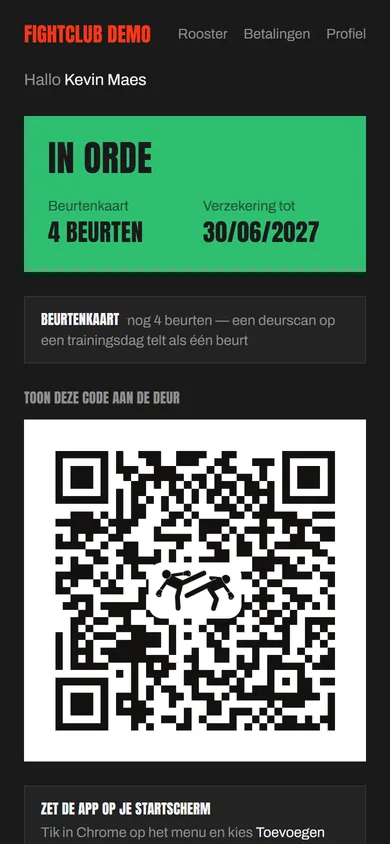 Ledenkaart met beurtenkaart: 4 beurten over, verzekering tot einddatum, en QR-code