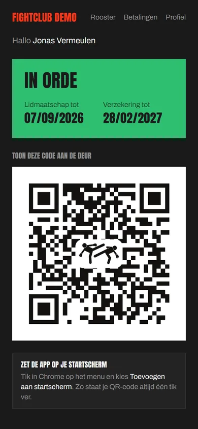 Ledenkaart met groene status 'In orde': lidmaatschap en verzekering geldig, QR-code eronder