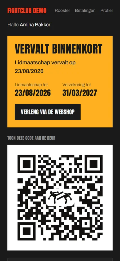 Ledenkaart met oranje status 'Vervalt binnenkort' en een knop 'Verleng via de webshop'