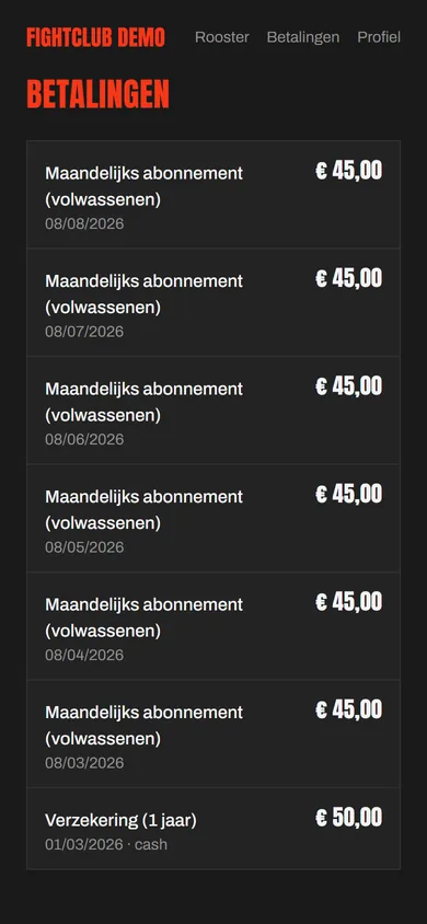 Betalingsoverzicht van een lid met bedragen, datums en betaalwijze