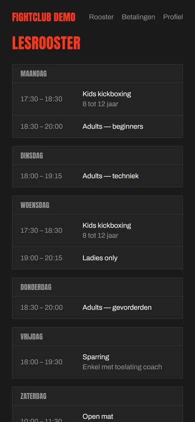 Lesrooster in de ledenapp met lessen per weekdag