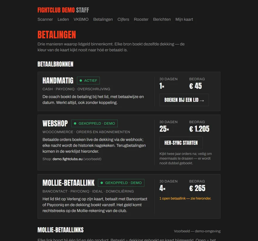 Pagina Betalingen met drie betaalbronnen: handmatig, webshop en Mollie-betaallink, elk met status en cijfers van de laatste 30 dagen