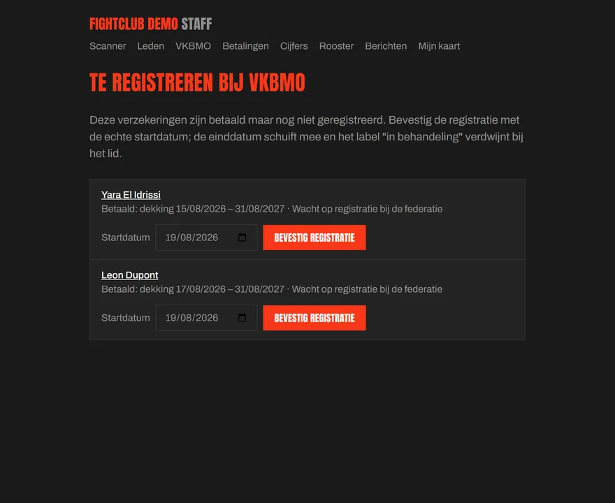VKBMO-werklijst met leden van wie de verzekering betaald maar nog niet geregistreerd is